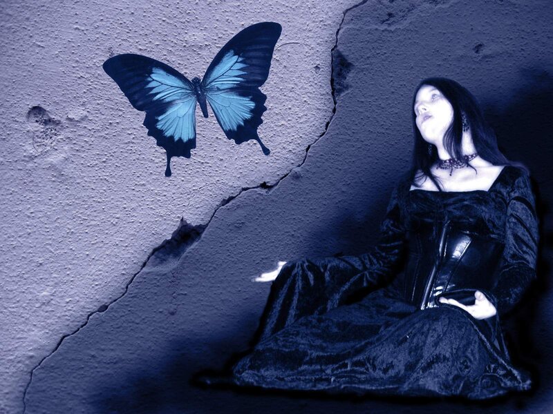 Woman with butterfly on wall
