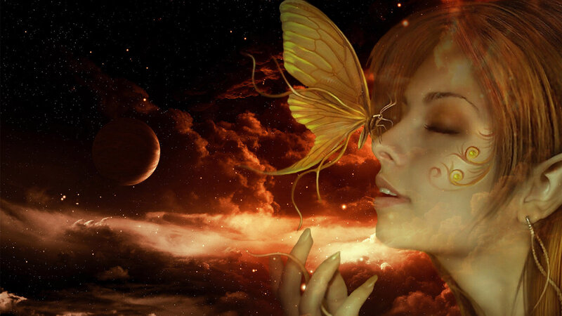 Woman with Butterfly — Orange, Dreamy
