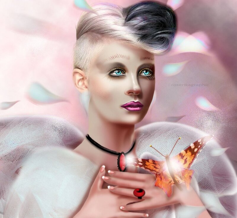Woman with Butterfly — Pink, Dreamy, Digital Art, Choker