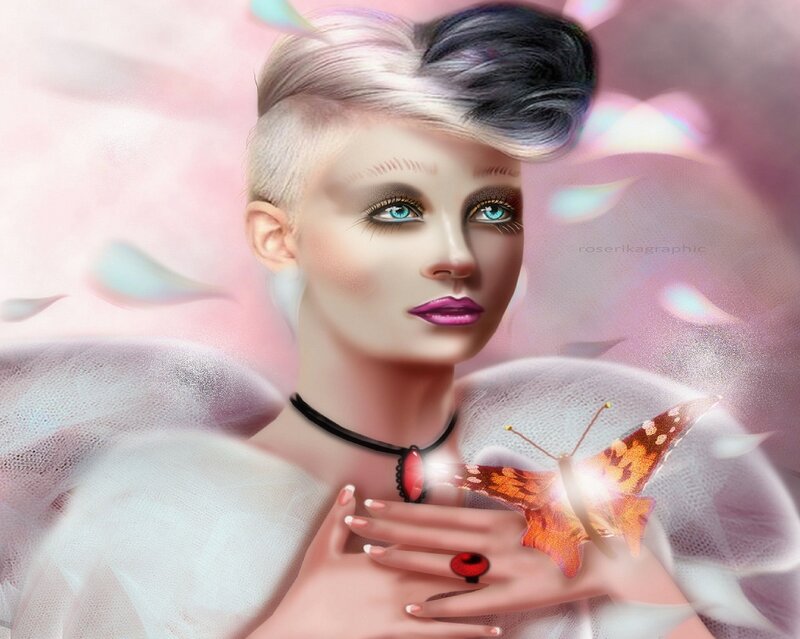 Woman with Butterfly — Pink, Dreamy, Digital Art, Necklace