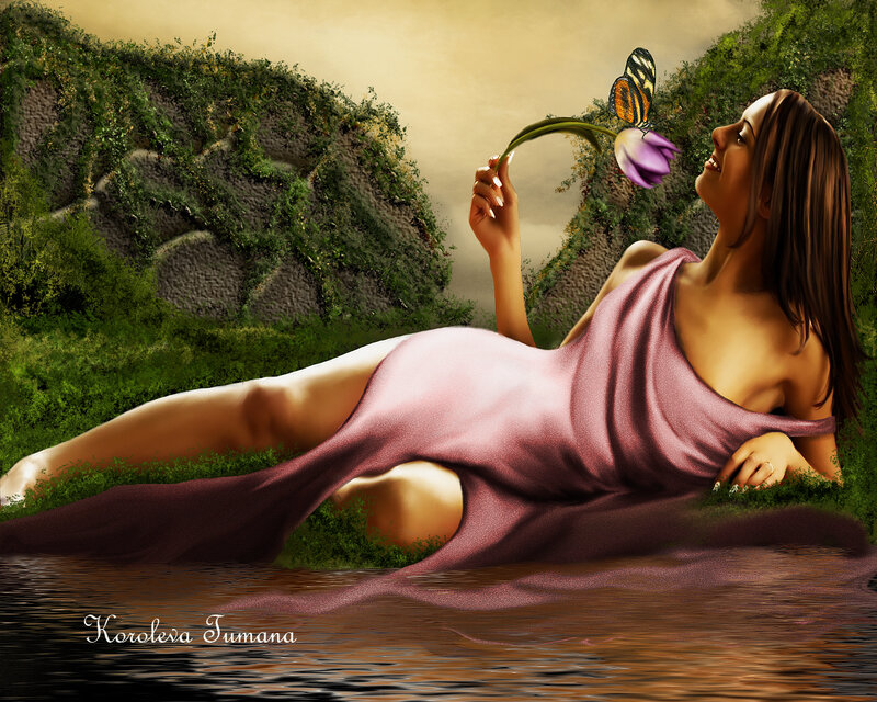 Woman with Butterfly — Pink, Serene, Sunset