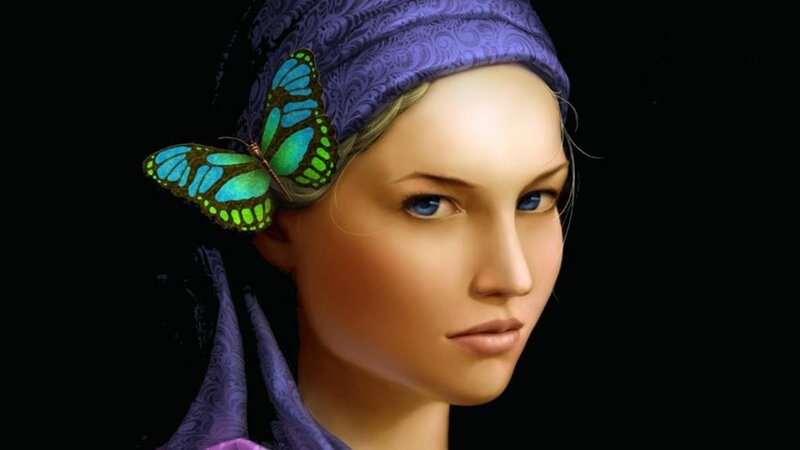 Woman with Butterfly — Purple, Dramatic, Digital Art, Headscarf