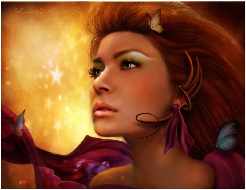 Woman with Butterfly — Purple, Dramatic, Digital Art, Star