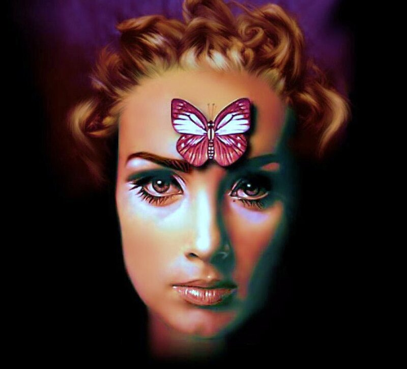 Woman with Butterfly — Purple, Dramatic, Digital Art