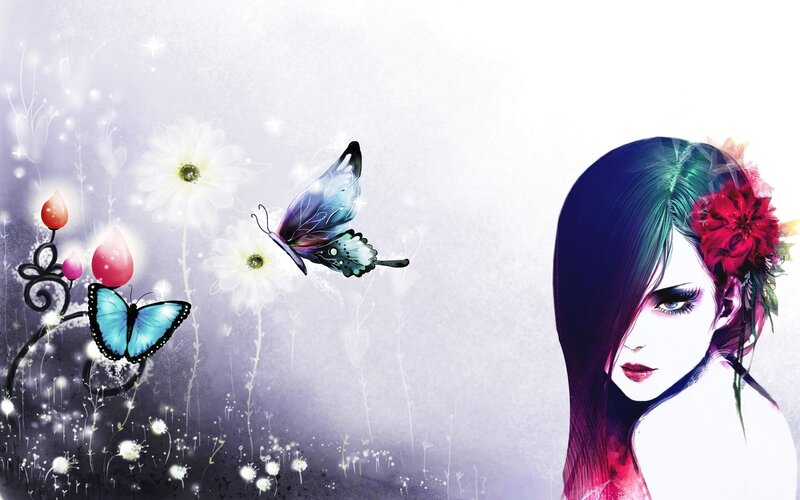 Woman with Butterfly — Purple, Dreamy, Digital Art, Flower