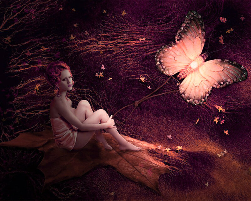 Woman with Butterfly — Purple, Dreamy, Night, Digital Art, Leaf