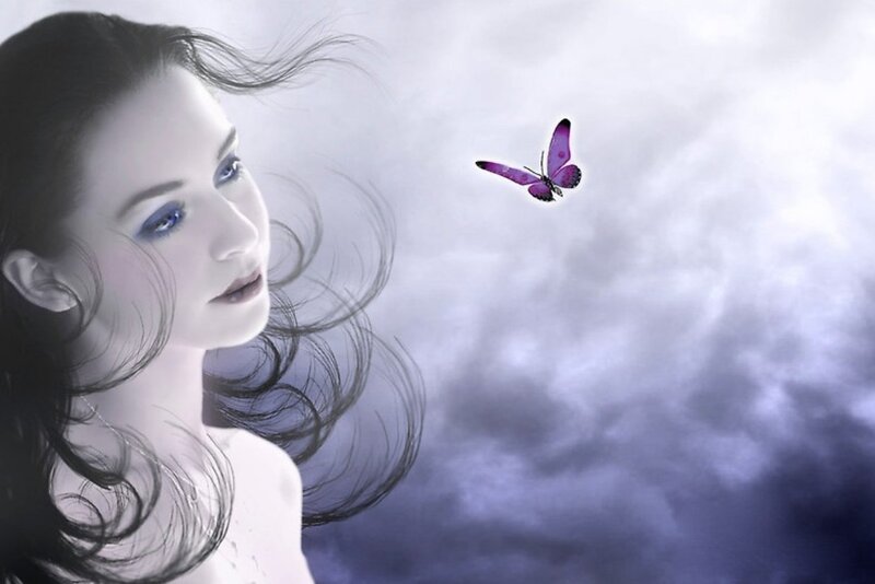 Woman with Butterfly — Purple, Dreamy