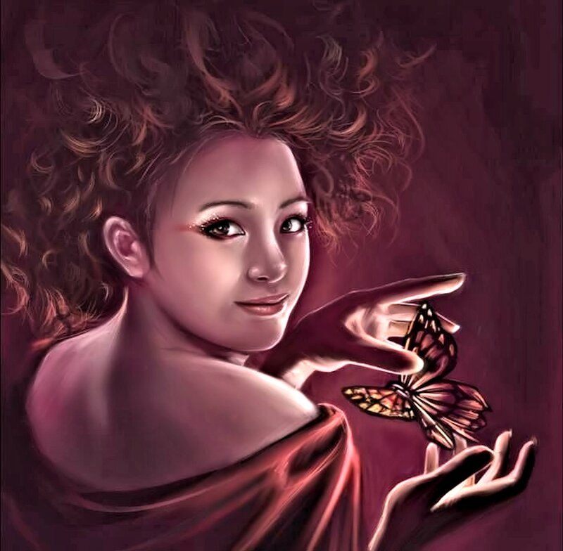 Woman with Butterfly — Purple, Serene, Digital Art, Curly Hair
