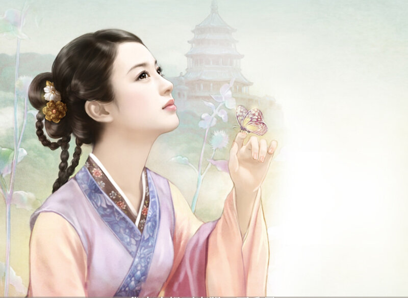 Woman with Butterfly — Purple, Serene, Morning