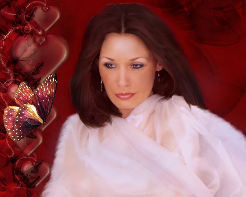Woman with Butterfly — Red, Dramatic, Digital Art, Hearts