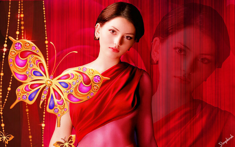 Woman with Butterfly — Red, Dramatic, Digital Art, Saree