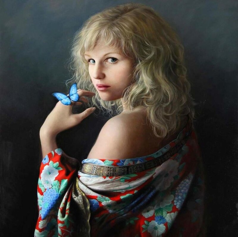 Woman with Butterfly — Red, Dramatic, Painting