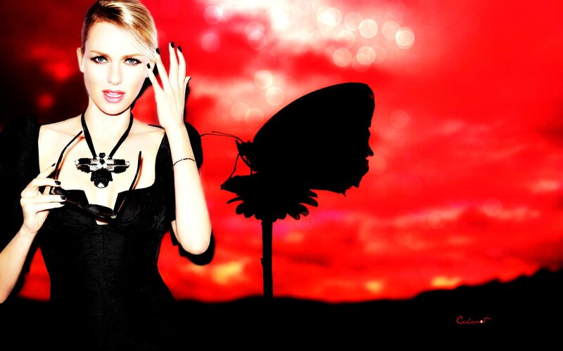 Woman with Butterfly — Red, Dramatic, Sunset, Photograph