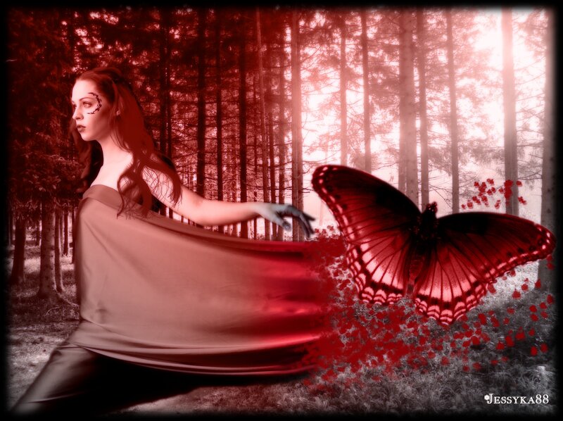 Woman with Butterfly — Red, Dramatic, Sunset