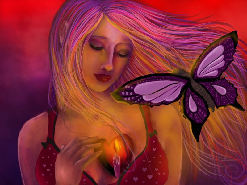 Woman with Butterfly — Red, Dreamy