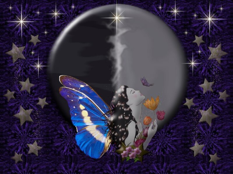 woman with butterfly under moon