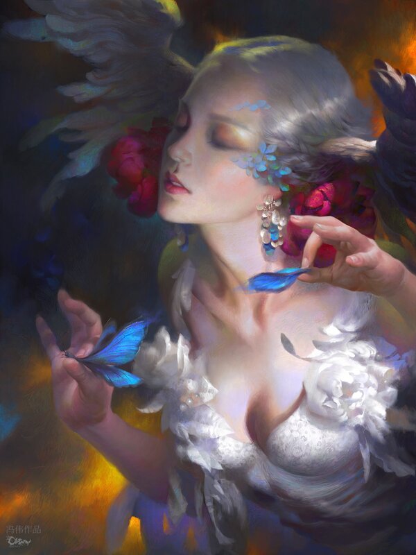 Woman with Butterfly — White, Serene, Digital Art, Flowers, Feather