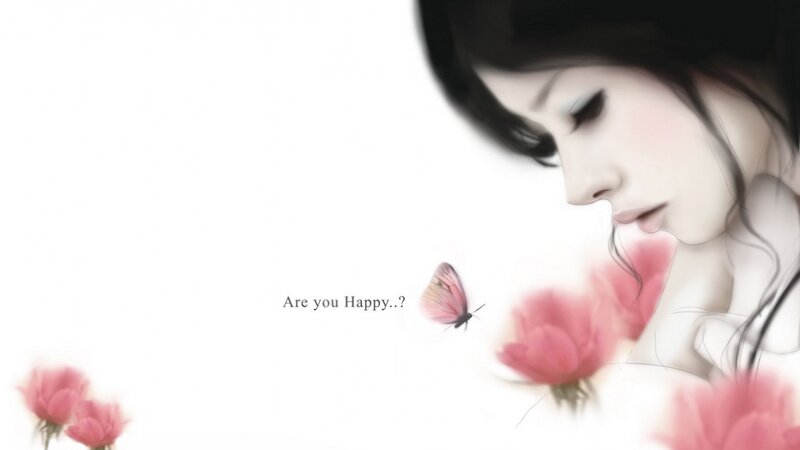 Woman with Butterfly — White, Serene, Digital Art, Flowers