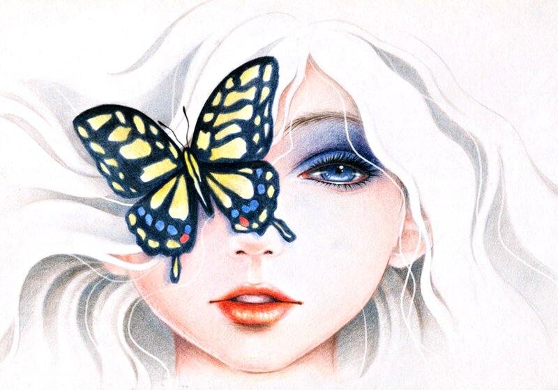 Woman with Butterfly — White, Serene, Illustration, Blue Eyes