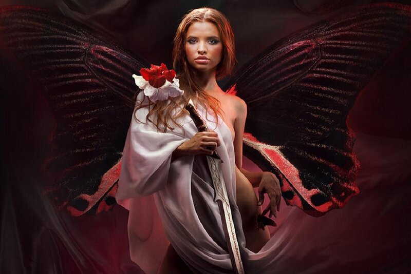 Woman with Butterfly Wings — Black, Dramatic, Digital Art
