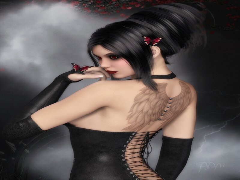 Woman with Butterfly Wings — Black, Dramatic, Night, Digital Art, Gloves