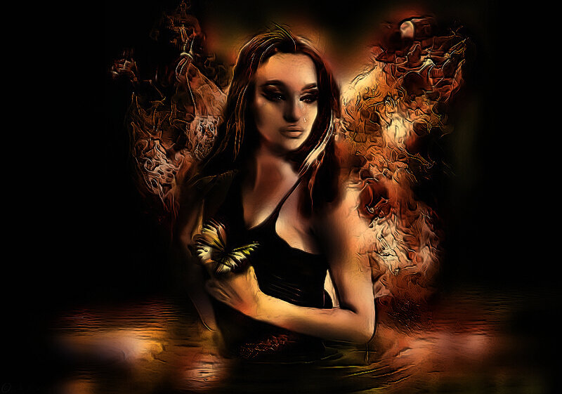 Woman with Butterfly Wings — Black, Dramatic, Night, Digital Art