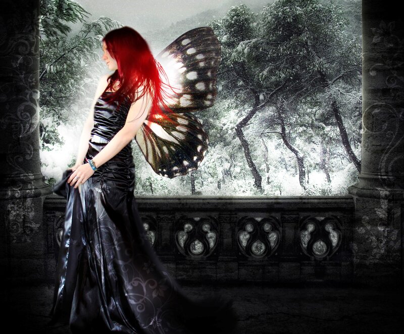 Woman with Butterfly Wings — Black, Dramatic, Winter