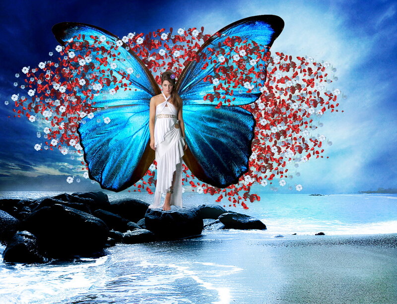 Woman with Butterfly Wings — Blue, Dramatic, Afternoon