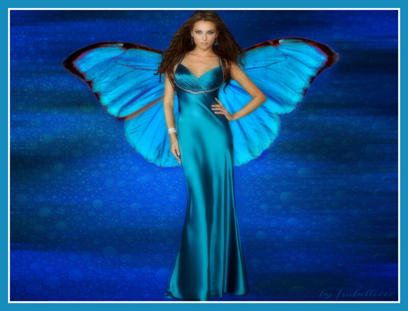 Woman with Butterfly Wings — Blue, Dramatic, Digital Art, Dress