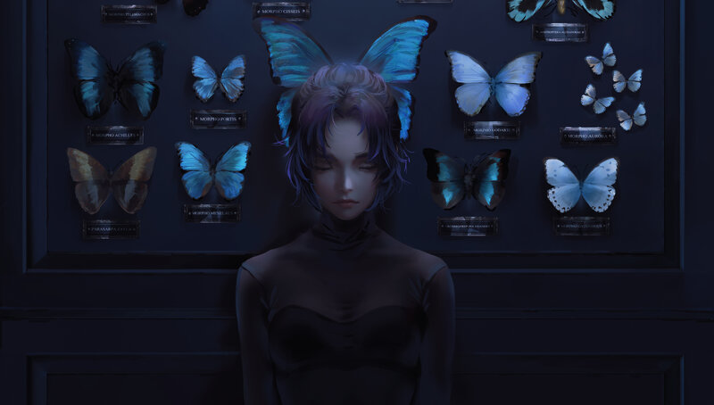 Woman with Butterfly Wings — Blue, Dramatic, Night, Digital Art, Butterflies