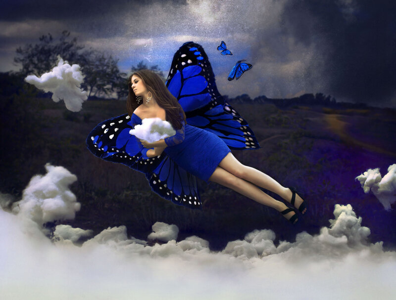 Woman with Butterfly Wings — Blue, Dramatic, Night, Digital Art, Clouds