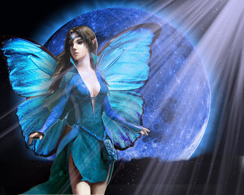 Woman with Butterfly Wings — Blue, Dramatic, Night, Digital Art
