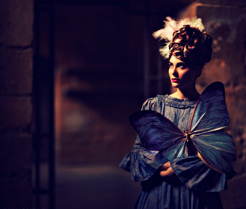 Woman with Butterfly Wings — Blue, Dramatic, Night, Photograph, Feathered Hat