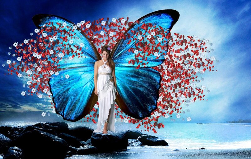 Woman with Butterfly Wings — Blue, Dramatic, Sunset