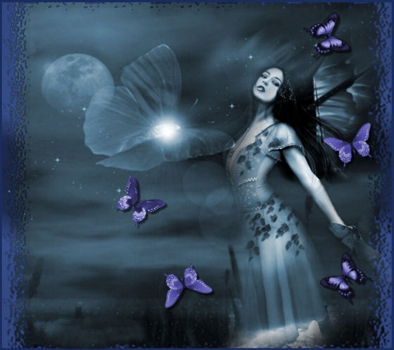 Woman with Butterfly Wings — Blue, Dreamy, Night, Digital Art