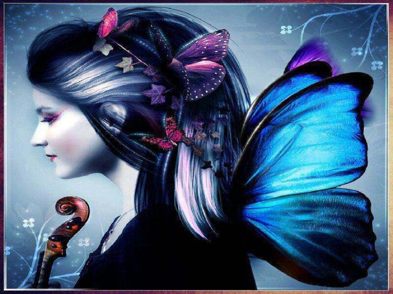 Woman with Butterfly Wings — Blue, Fantasy, Night