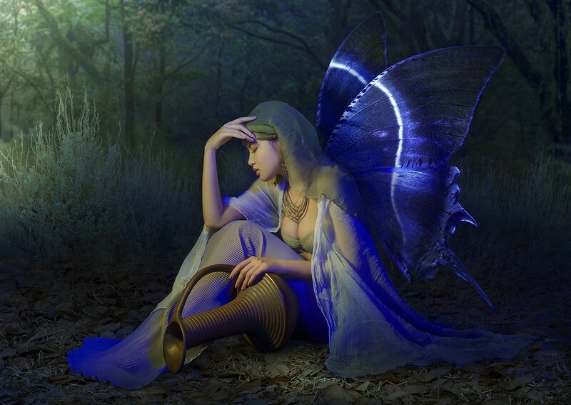 Woman with Butterfly Wings — Blue, Mystical, Night, Digital Art, Forest, Dress