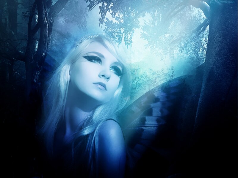 Woman with Butterfly Wings — Blue, Mystical, Night, Digital Art, Forest