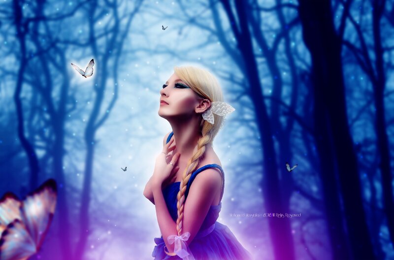 Woman with Butterfly Wings — Blue, Serene, Night, Digital Art, Butterflies