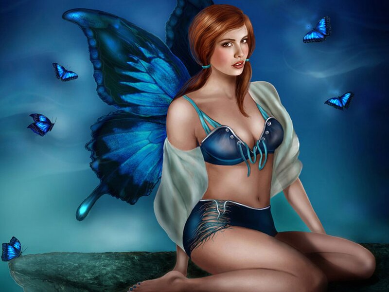 Woman with Butterfly Wings — Blue, Serene, Night, Digital Art