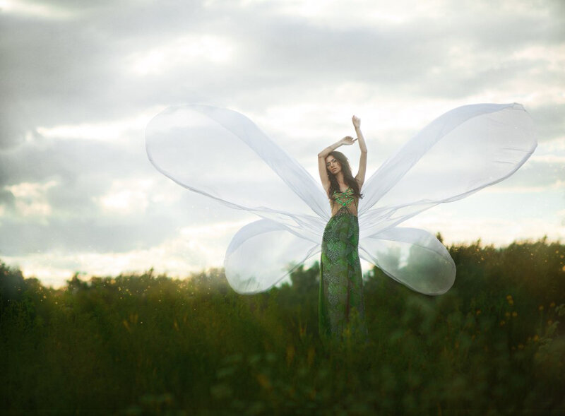 Woman with Butterfly Wings — Green, Dramatic, Sunset