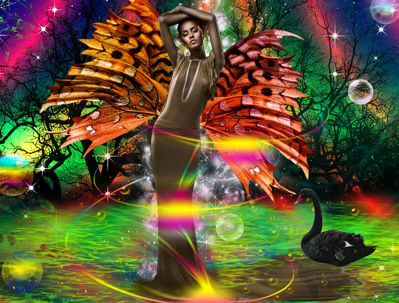 Woman with Butterfly Wings — Green, Fantastical, Night