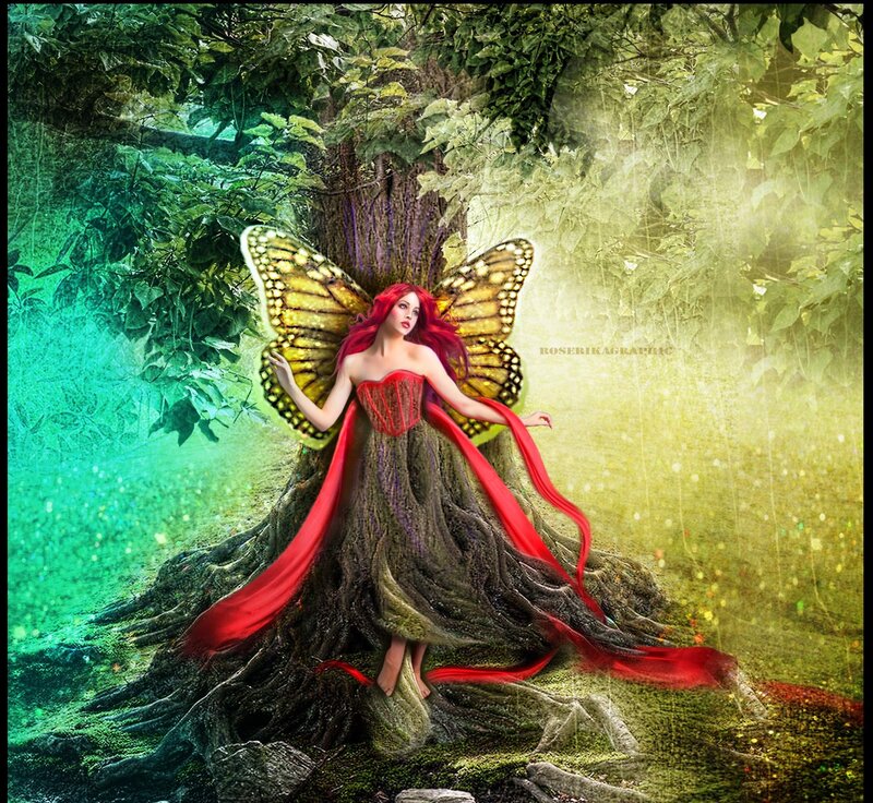 Woman with Butterfly Wings — Green, Serene, Afternoon, Digital Art, Tree