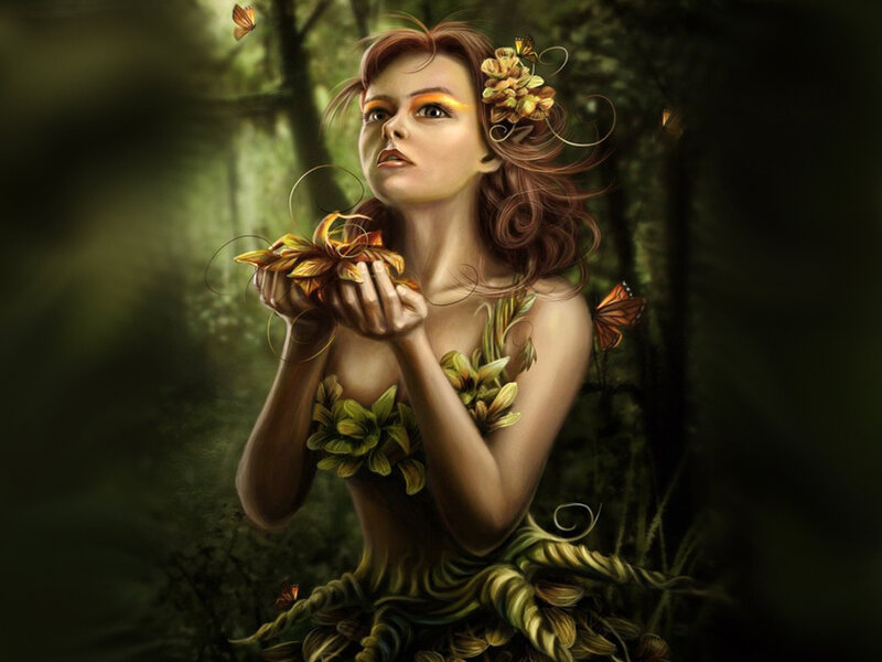 Woman with Butterfly Wings — Green, Serene, Night, Digital Art