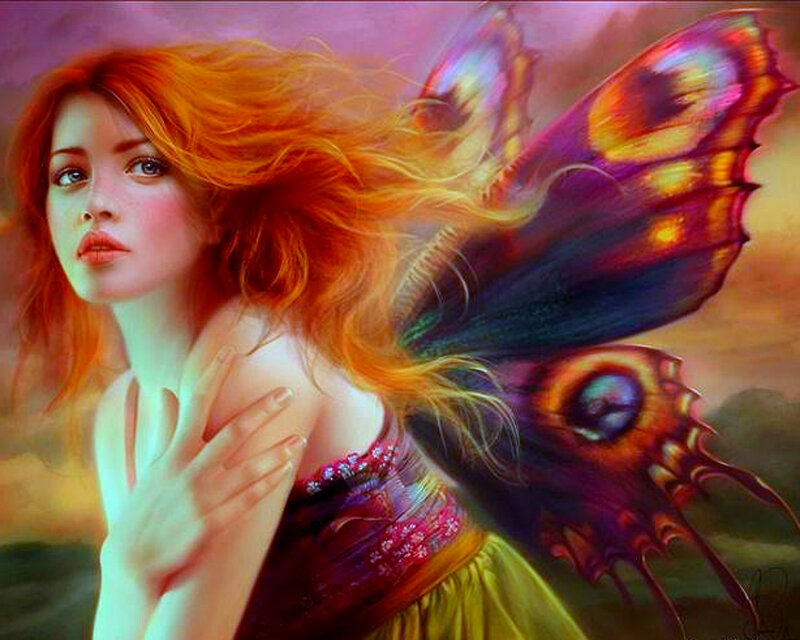 Woman with Butterfly Wings — Orange, Dramatic, Sunset, Digital Art