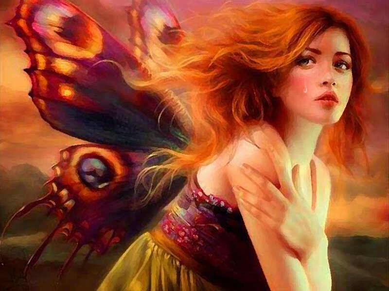 Woman with Butterfly Wings — Orange, Dramatic, Sunset