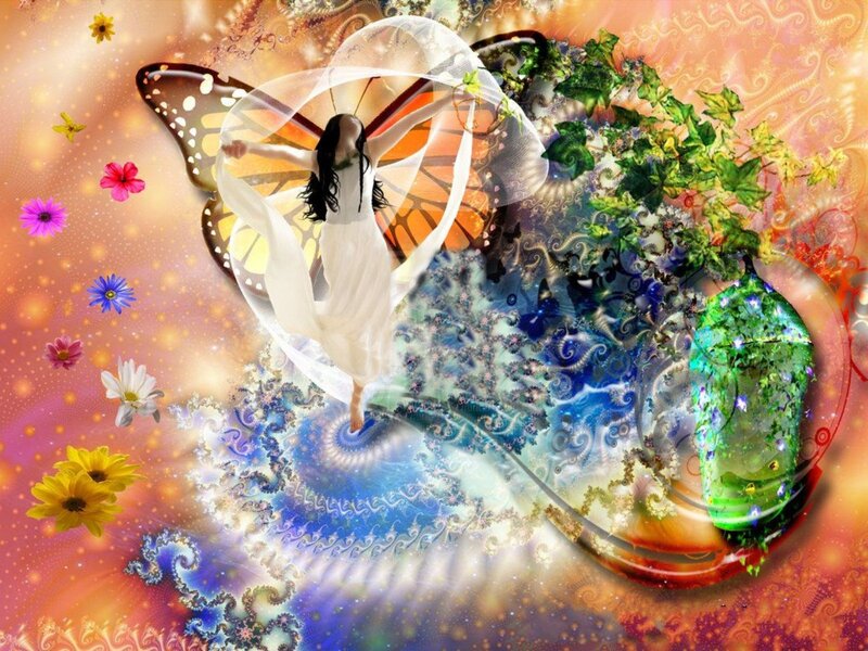 Woman with Butterfly Wings — Orange, Dreamy, Digital Art, Flowers