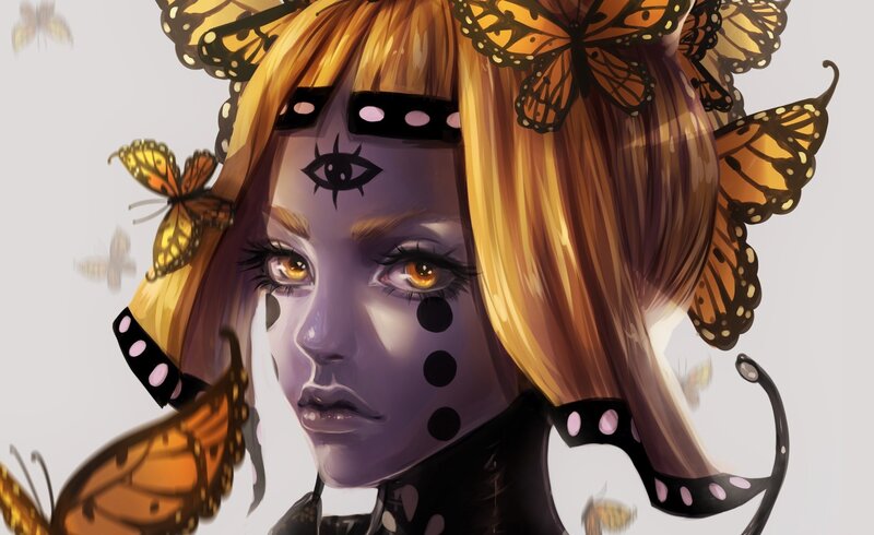 Woman with Butterfly Wings — Purple, Dramatic, Digital Art, Butterflies