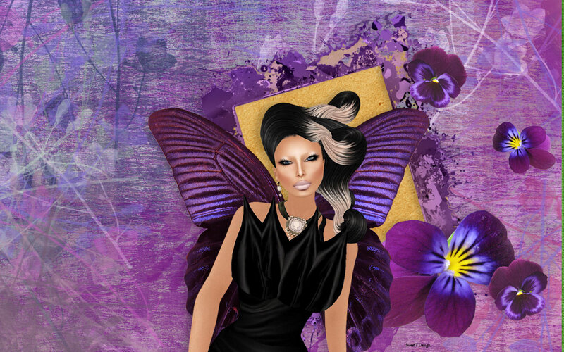 Woman with Butterfly Wings — Purple, Dramatic, Digital Art, Flowers