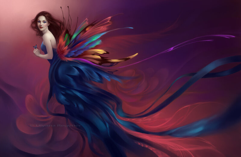 Woman with Butterfly Wings — Purple, Dramatic, Digital Art